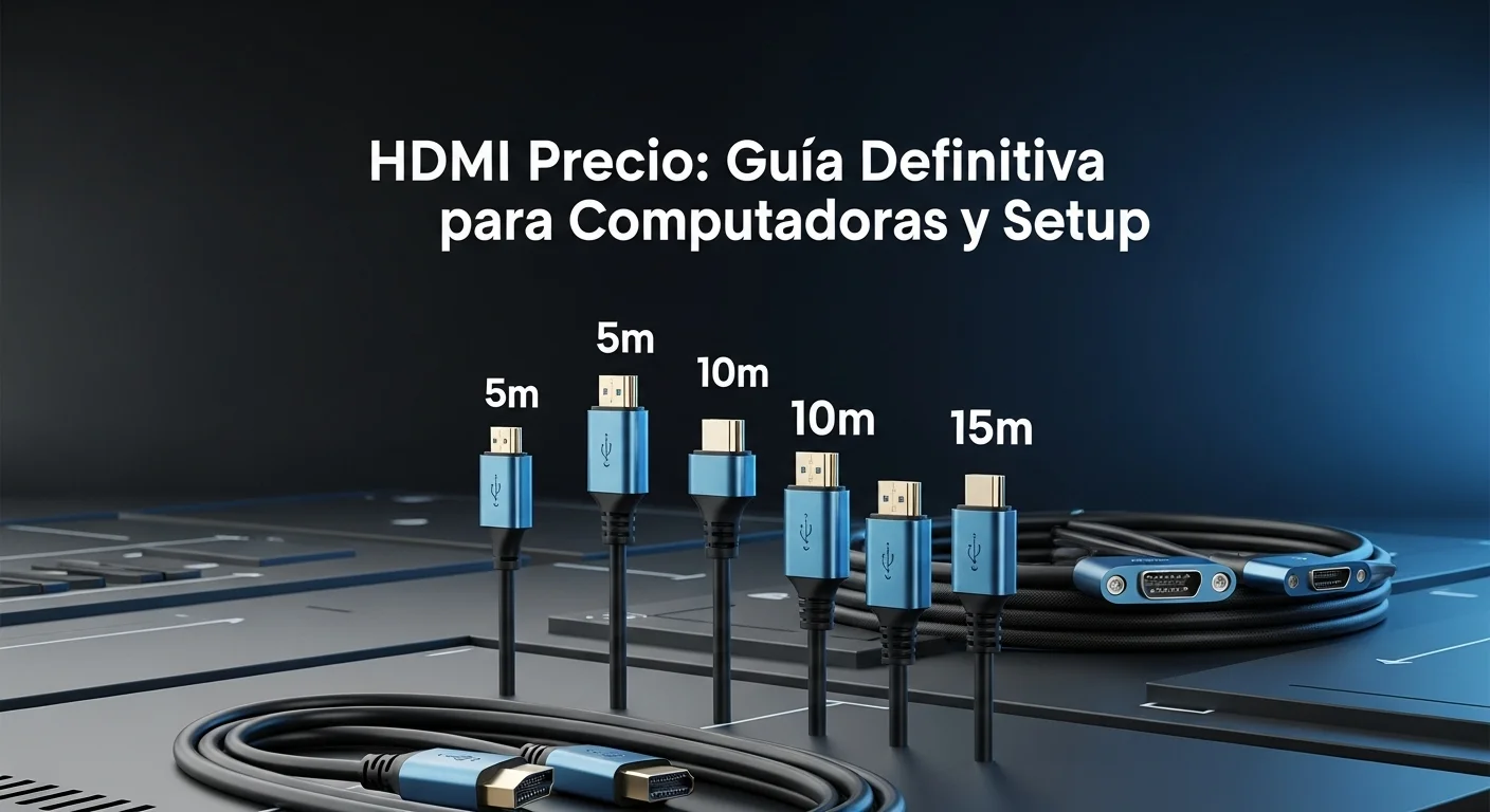 Una variedad de cables HDMI de diferentes longitudes y precios, mostrando las opciones de 5, 10 y 15 metros sobre un fondo tecnológico.