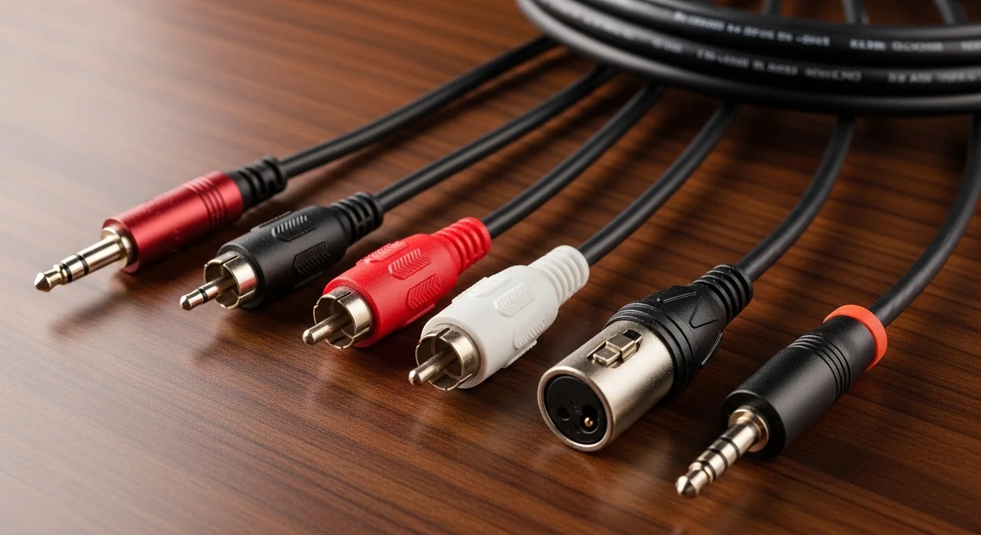 Colección de diferentes tipos de cables de audio, incluyendo un cable mini jack, un cable RCA a Jack y un cable XLR a Jack, sobre una superficie de madera.