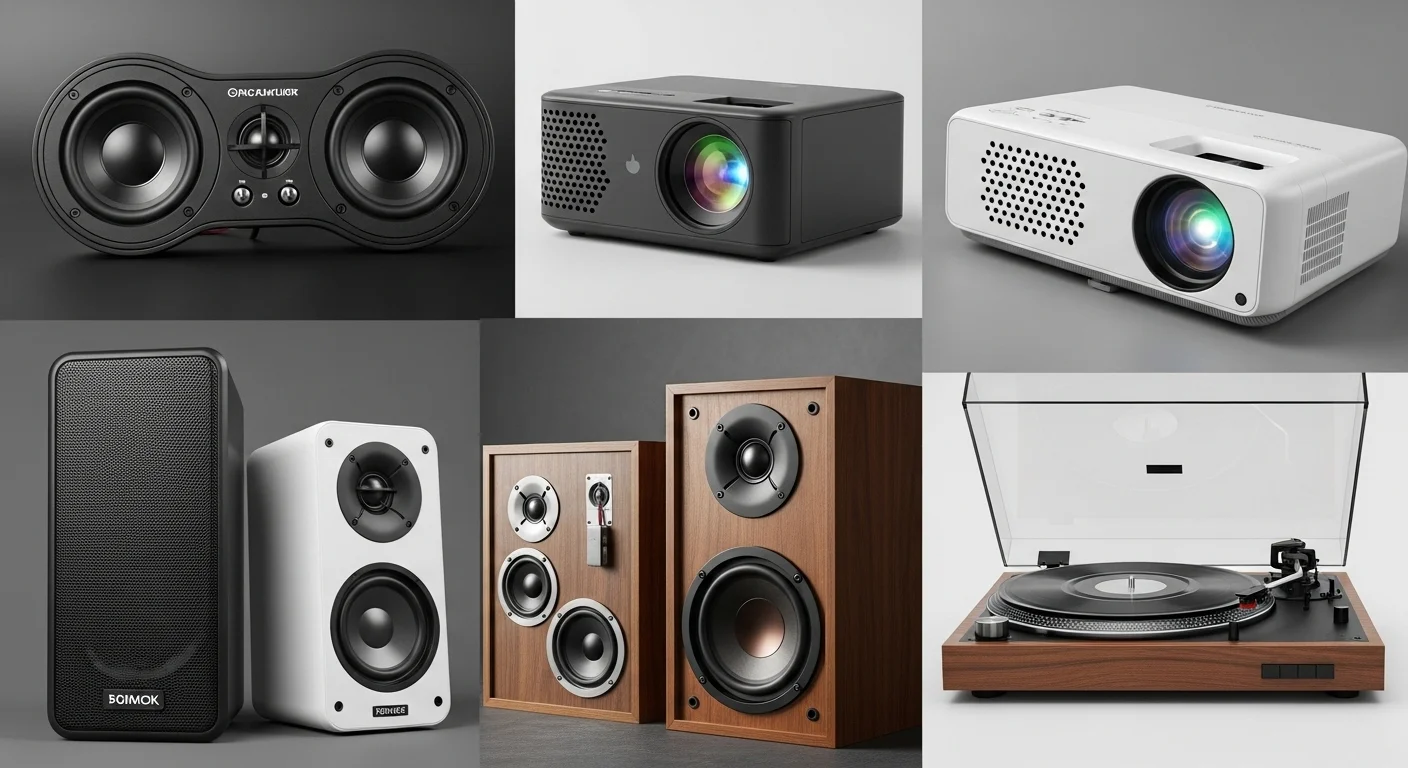 Collage mostrando una variedad de altavoces: altavoces para coche, un altavoz para proyector, y altavoces para tocadiscos de estilo vintage.
