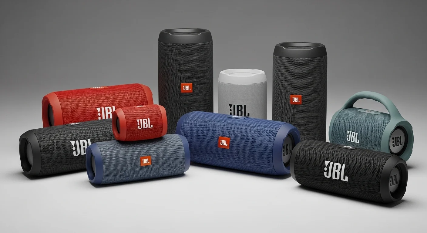 Una selección de bocinas Bluetooth de la marca JBL de diferentes tamaños y colores, representando el rango de bocinas bluetooth jbl precio.