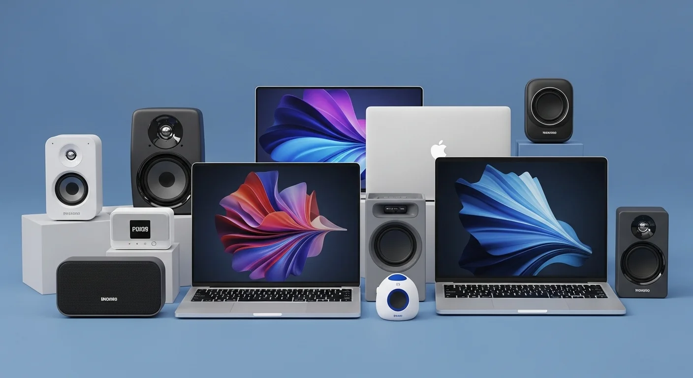 Colección de diversas bocinas con bluetooth de diferentes tamaños y marcas junto a varias computadoras portátiles, mostrando la versatilidad de conexión.