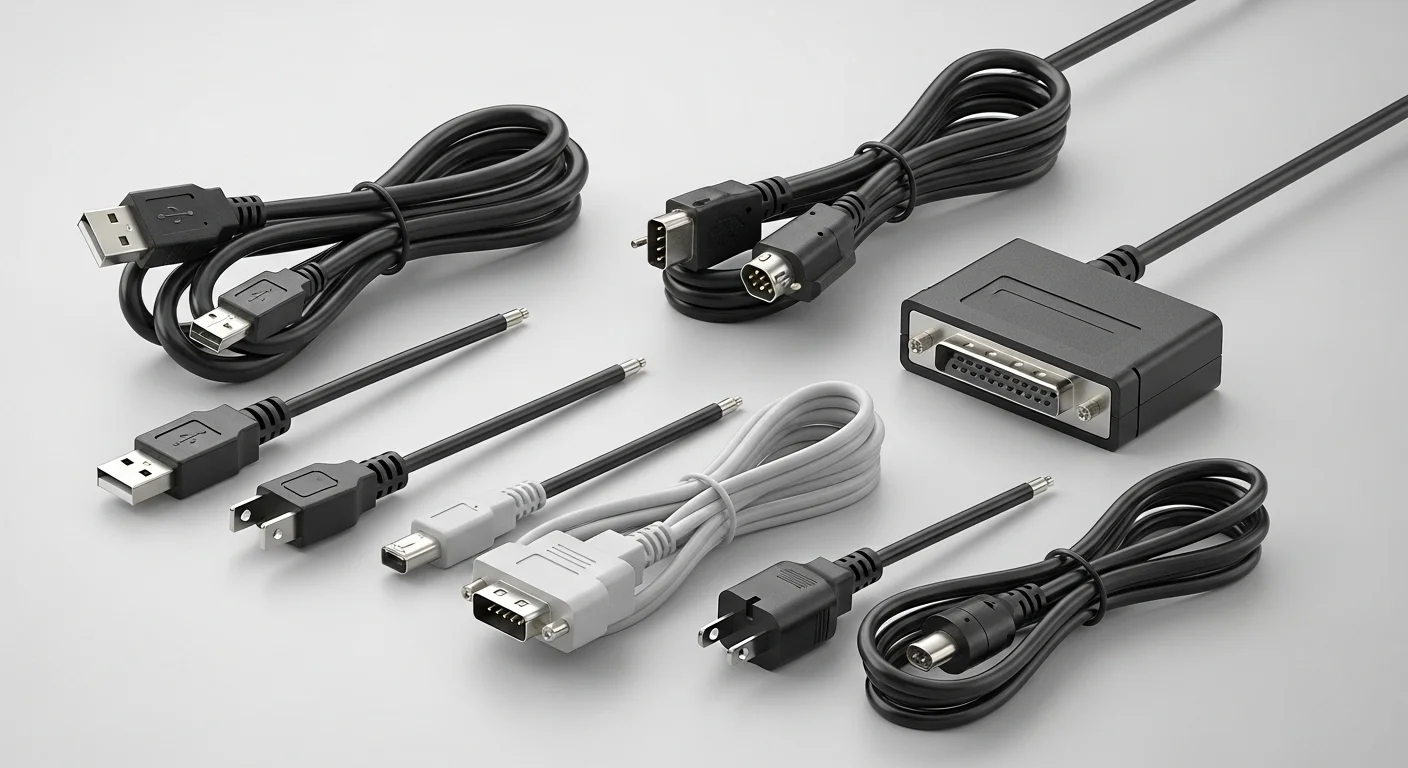 Una colección de diferentes cables de impresora, incluyendo USB, paralelo y cables de alimentación, mostrando la evolución de la conectividad en computadoras.