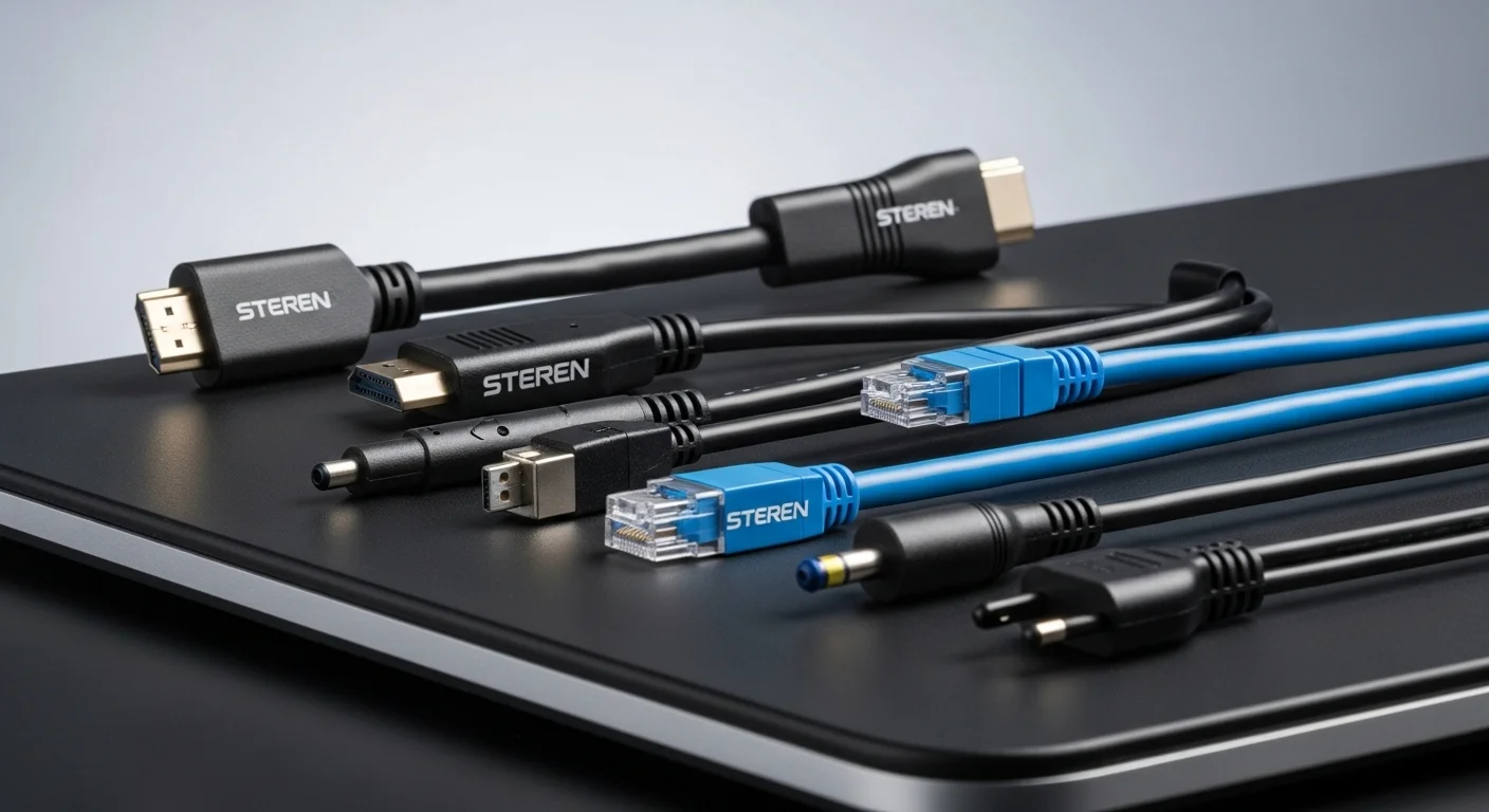 Una colección de cables Steren, incluyendo un cable HDMI, un cable Ethernet UTP azul, y cables de alimentación sobre una superficie de trabajo tecnológico.