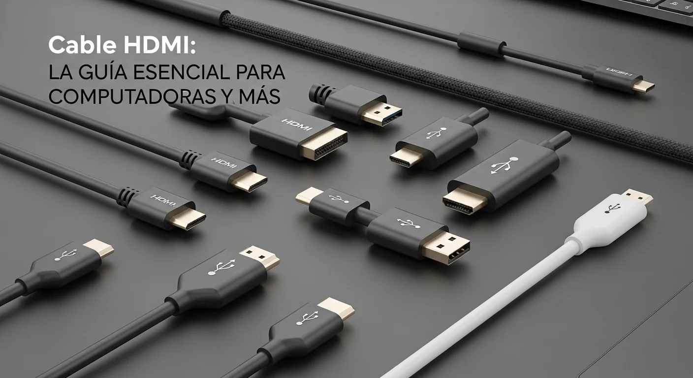 Una composición de diferentes cables y adaptadores HDMI, incluyendo mini HDMI, USB-C a HDMI y un cable largo, ilustrando la versatilidad de la conexión.