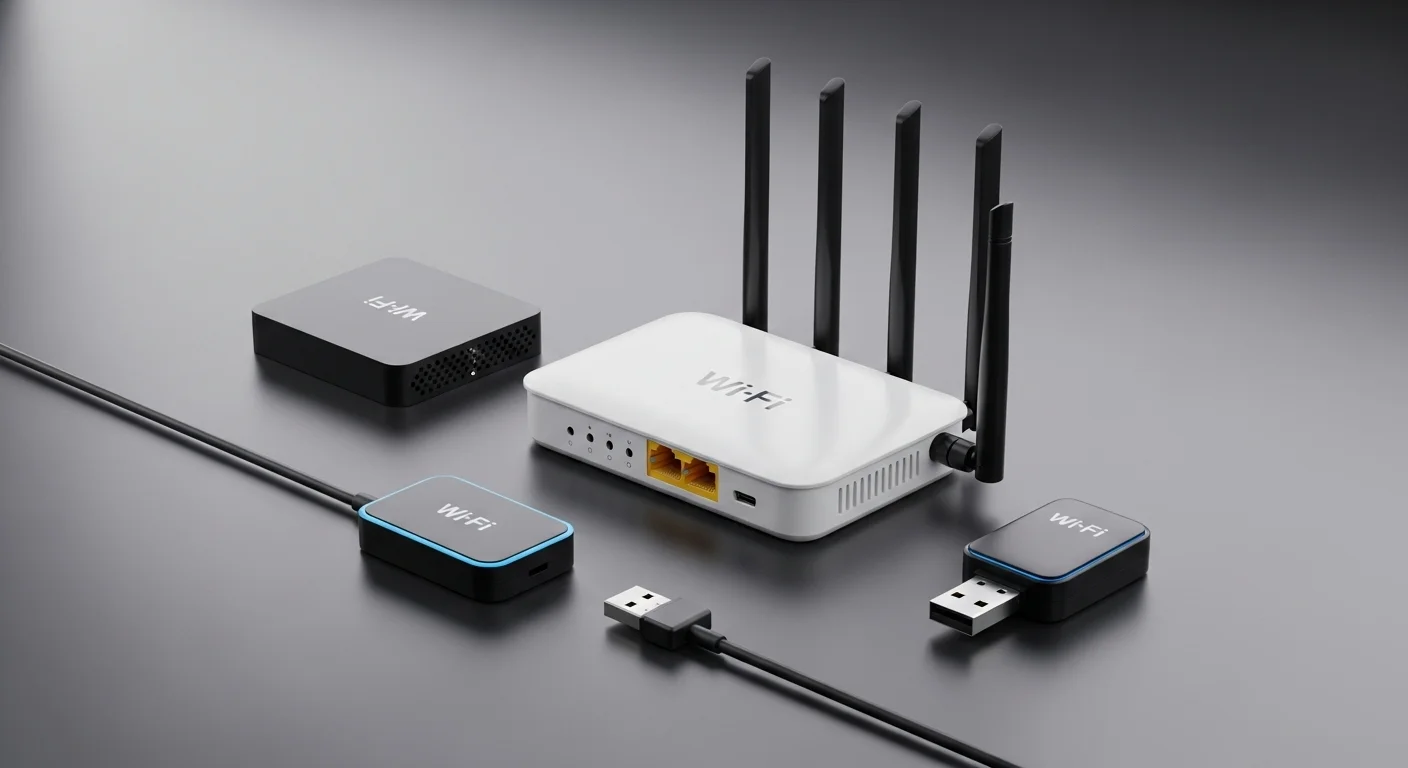 Colección de diferentes tipos de dispositivos de red: un modem router wifi, un modem wifi usb y un mini modem wifi sobre una mesa de trabajo tecnológica.