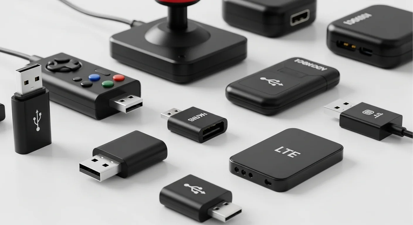 Una colección de diferentes dispositivos USB, incluyendo memorias flash, un joystick para PC, adaptadores y un modem LTE, mostrando la versatilidad del estándar USB.