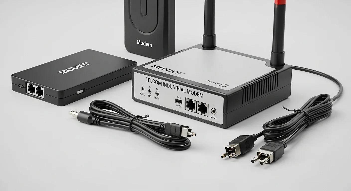 Una composición de diferentes tipos de módems: un modem mobile, un telecom modem industrial y un cable null modem, mostrando la diversidad tecnológica.