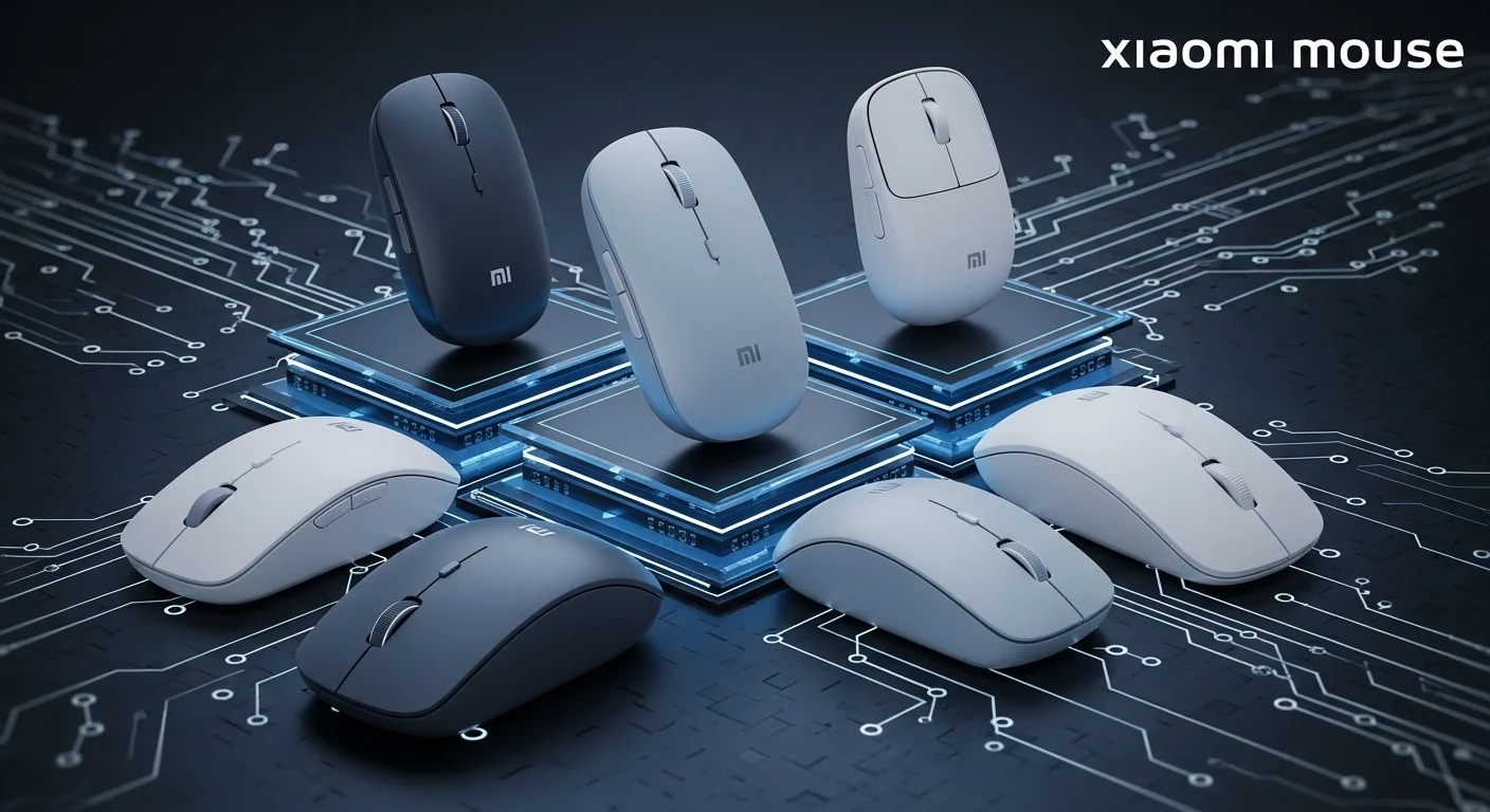 Una composición mostrando varios modelos de Xiaomi Mouse, incluyendo el Silent Edition y el Dual Mode, sobre un fondo tecnológico