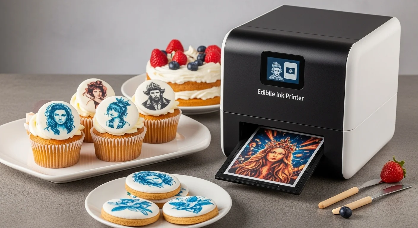 Colección de cupcakes y galletas decoradas con imágenes de alta calidad impresas por una impresora de tinta comestible, mostrando la versatilidad de la tecnología.