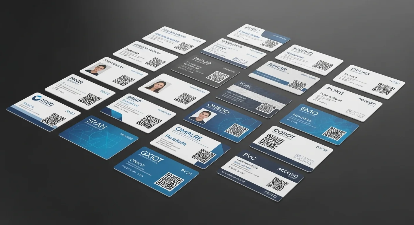 Colección de tarjetas de PVC impresas para diferentes usos: credenciales de empleado con foto, tarjetas de acceso y membresías con códigos QR.