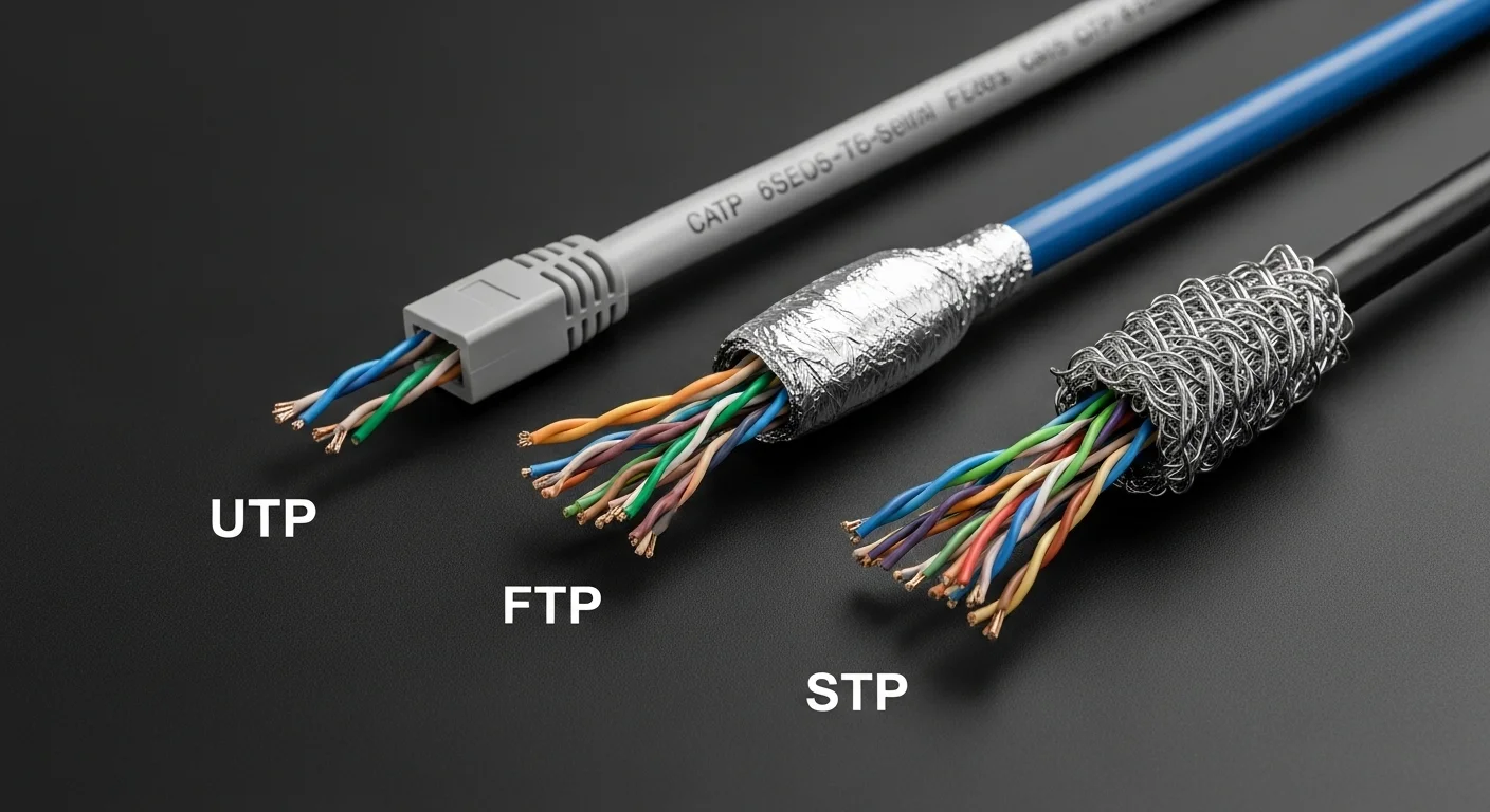 Comparativa visual de un cable UTP, un cable FTP Cat 6 con su lámina de aluminio, y un cable STP Cat 6 mostrando su blindaje más robusto, sobre una mesa de trabajo técnico.