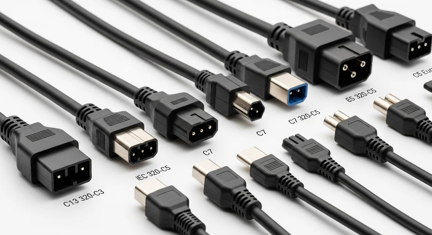 Una colección de diferentes cables de alimentación sobre un fondo blanco, mostrando conectores C13, C7 y C5 para computadoras y otros dispositivos.