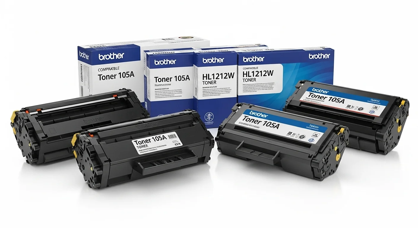 Fila de diferentes cartuchos de toner, incluyendo modelos compatibles con toner 105a y brother hl1212w toner, mostrando la diversidad del mercado.