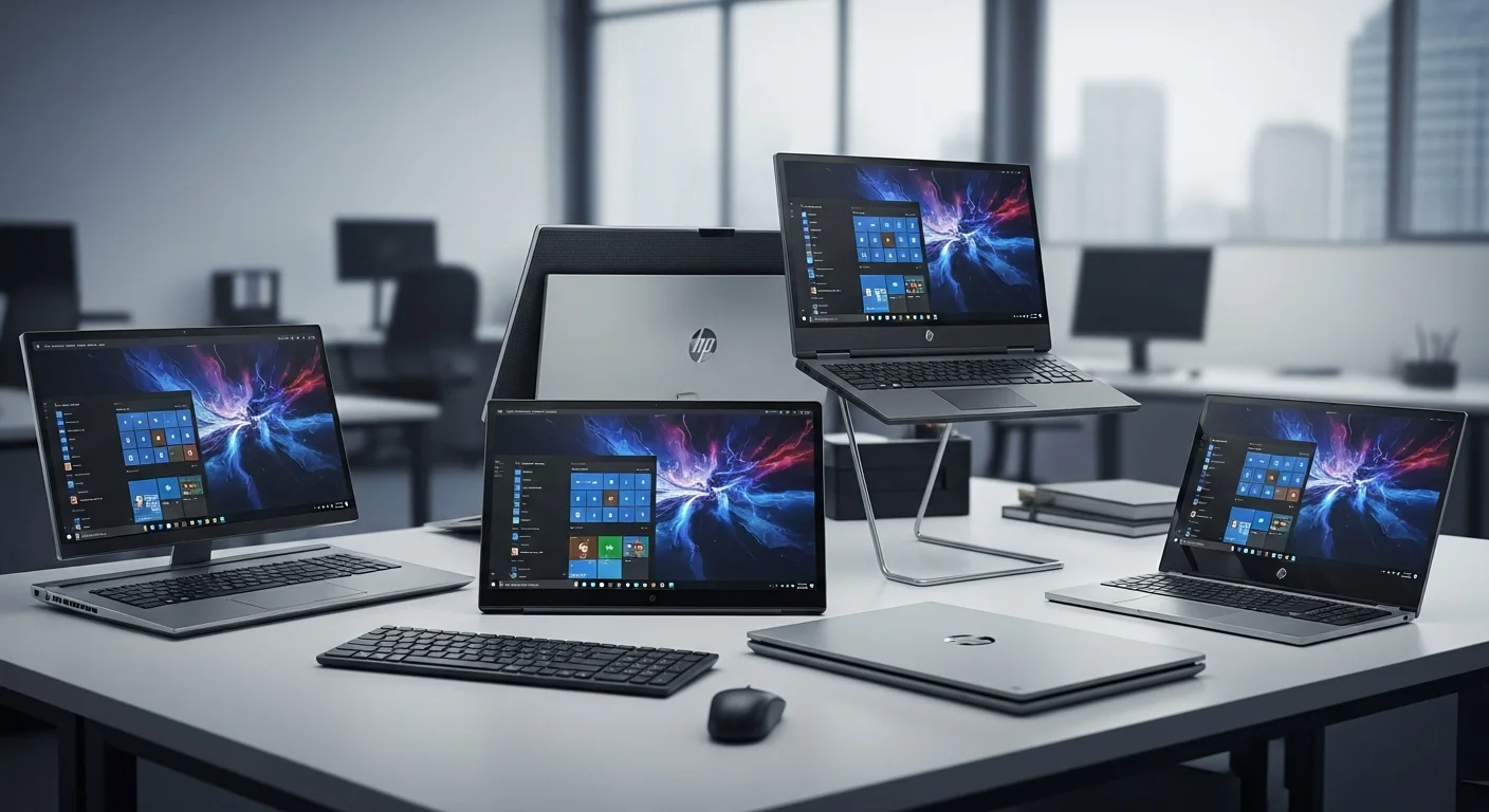 Colección de diferentes computadoras Hp Zbook, incluyendo un hp zbook power g9 y un hp zbook 14, sobre un escritorio de oficina moderno.