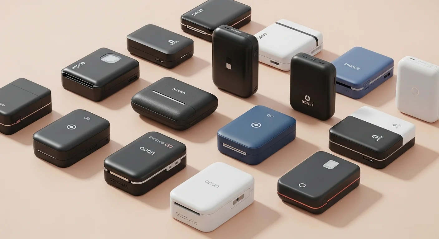 Colección de diferentes modelos de mini impresora para celular, mostrando la variedad de diseños y colores disponibles en el mercado.