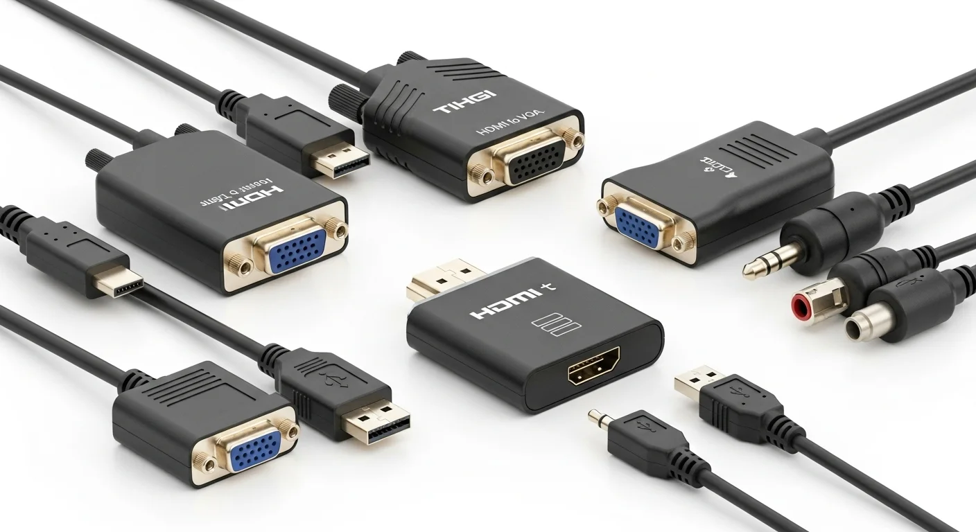 Una colección de diferentes tipos de adaptadores de Hdmi a Vga sobre un fondo blanco, mostrando modelos con y sin cables de audio y alimentación USB.