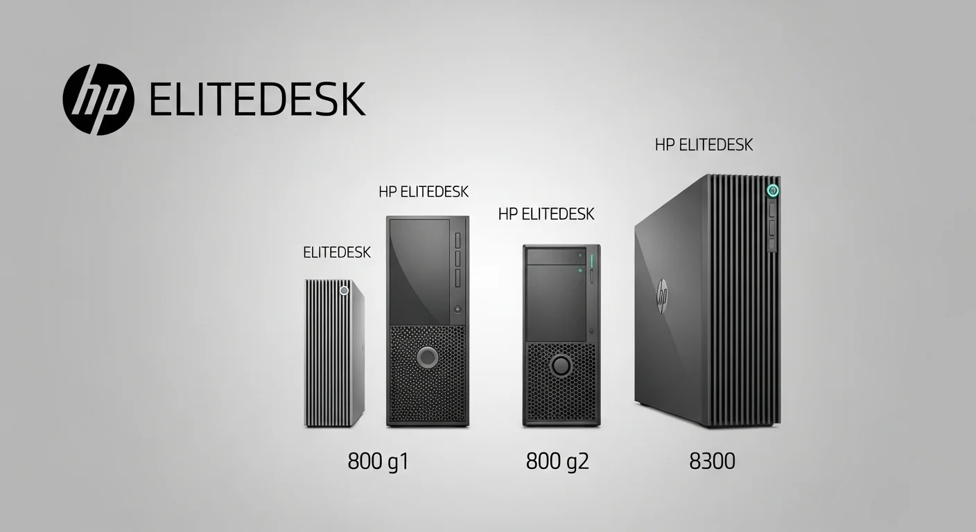 Comparativa de varios modelos de computadoras hp elitedesk, incluyendo el 800 g1, 800 g2 y 8300, mostrando sus diferentes tamaños y factores de forma.