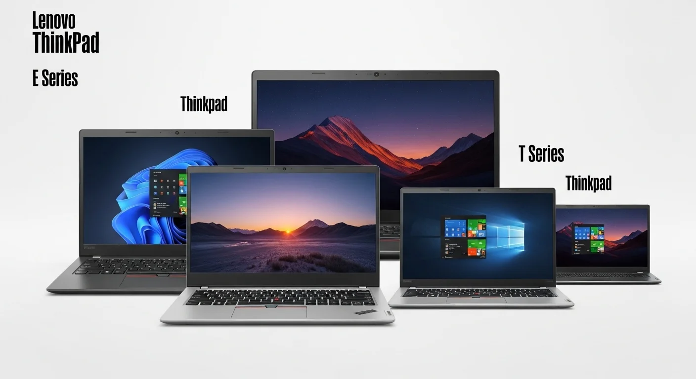 Comparativa de varios modelos de computadoras Lenovo Thinkpad, incluyendo la serie E y la serie T.