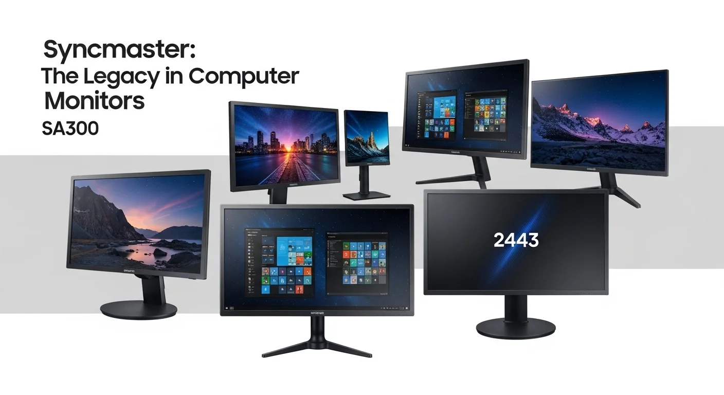 Una composición de varios modelos de monitores Samsung Syncmaster, incluyendo el sa300 y el 2443, para ilustrar la diversidad de la gama.