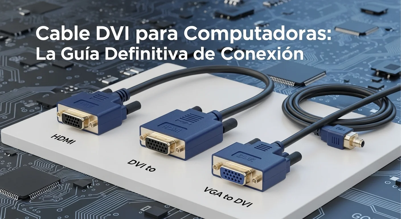 Una composición de diferentes tipos de adaptadores de video, incluyendo un cable DVI a HDMI, un convertidor DVI a VGA y un cable VGA a DVI, sobre un fondo tecnológico.