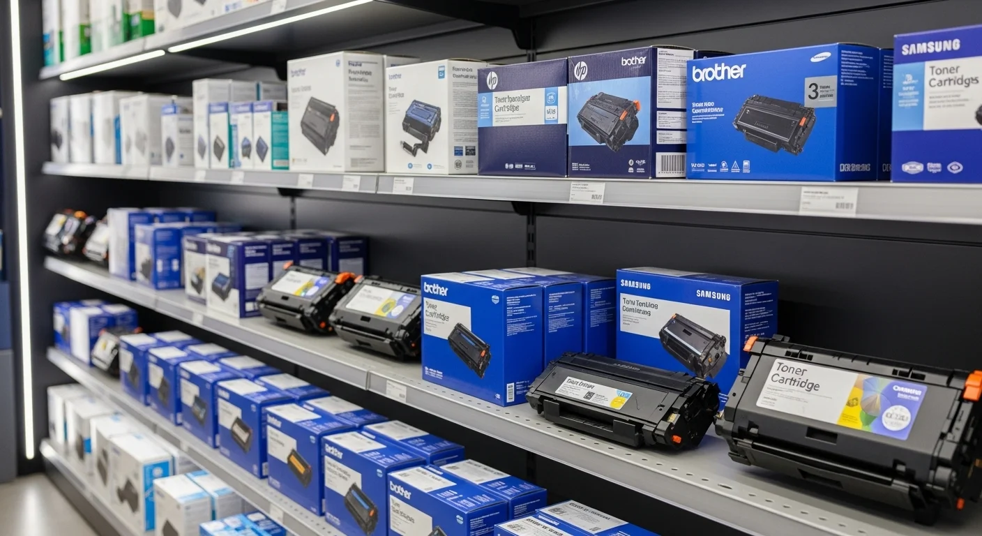 Estantería de una tienda mostrando una variedad de toner para impresora HP, Brother y Samsung, destacando la venta de toner para impresoras.