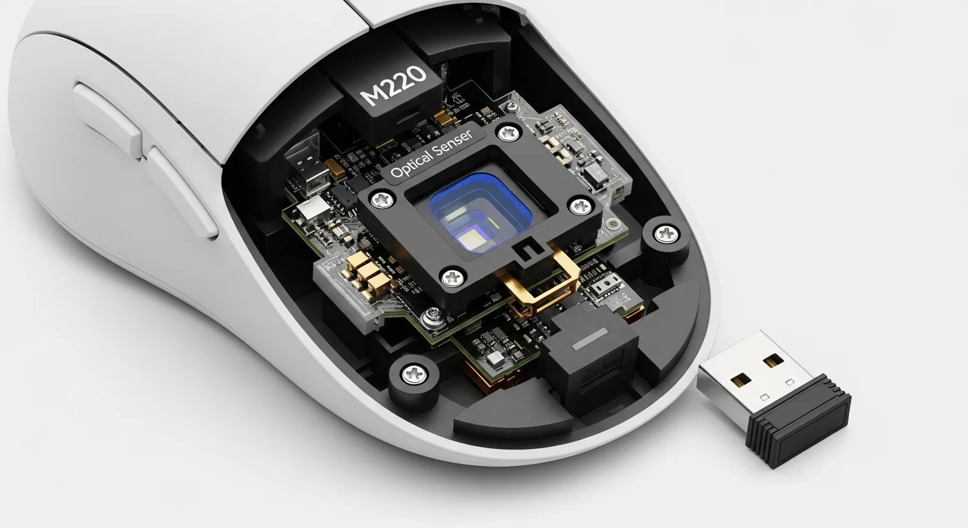 Componentes internos, sensor óptico y receptor USB del mouse M220, mostrando la tecnología detrás de los accesorios para computadoras de Logitech.