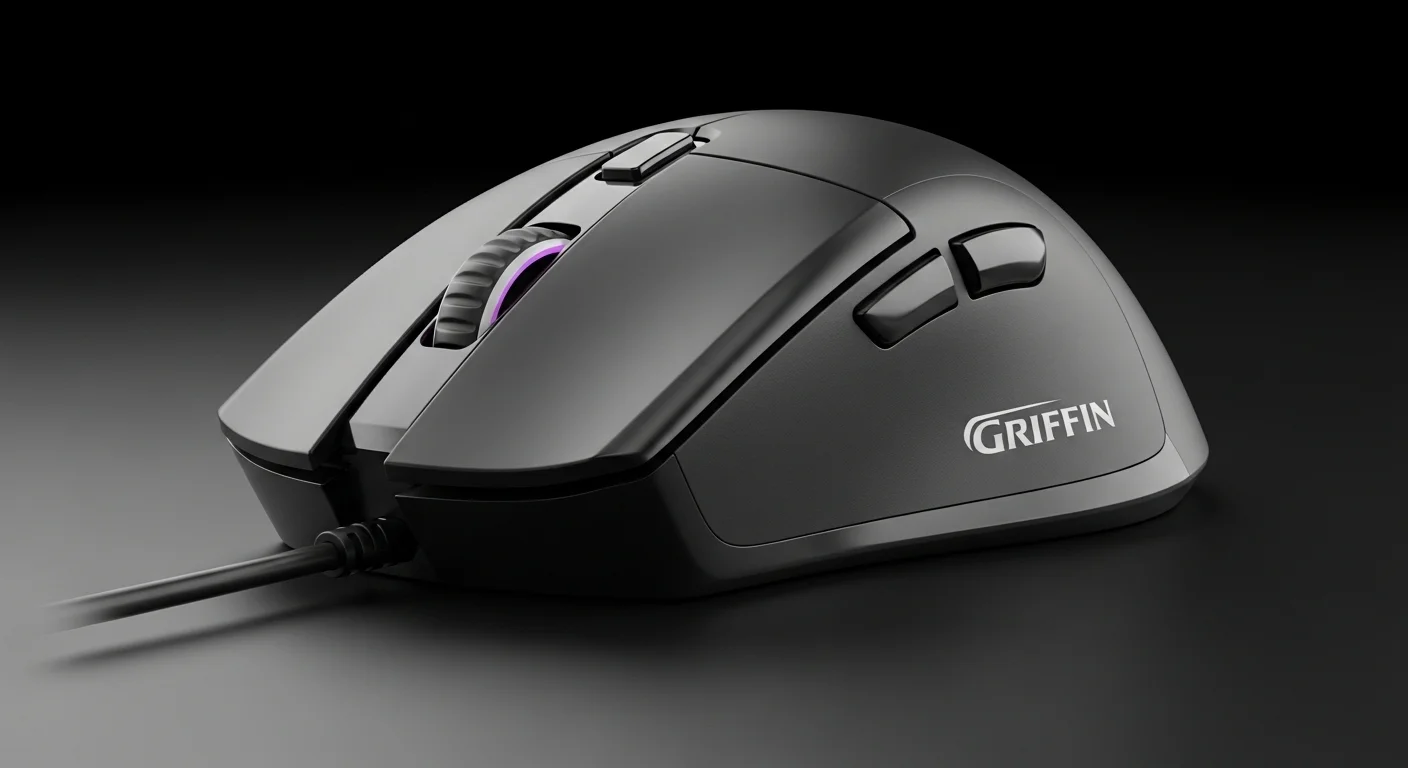 Primer plano del mouse griffin mostrando sus botones laterales, textura de agarre y la rueda de scroll, destacando su ergonomía para computadoras.