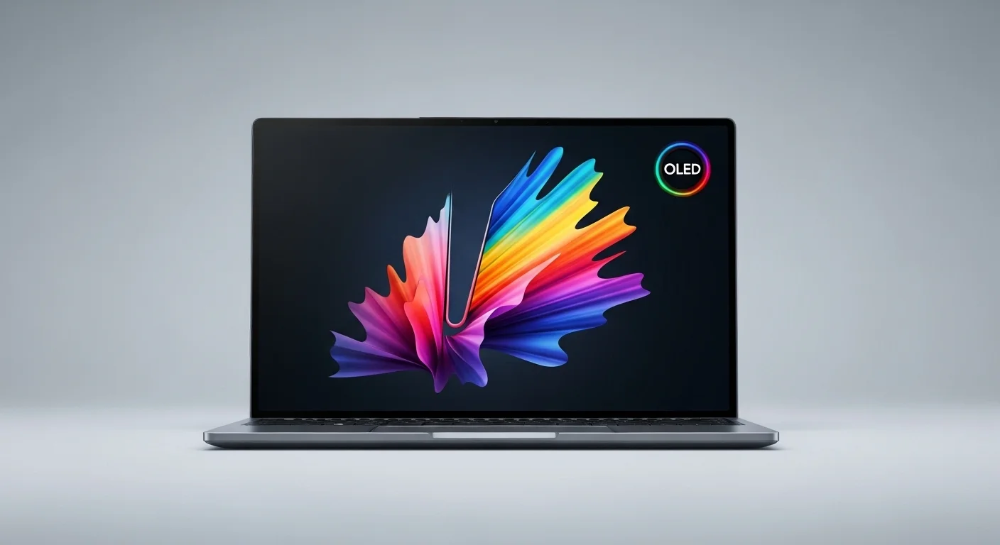 Primer plano de la vibrante pantalla OLED del Asus Vivobook 13 Slate mostrando colores vivos, representando la alta tecnología en computadoras.