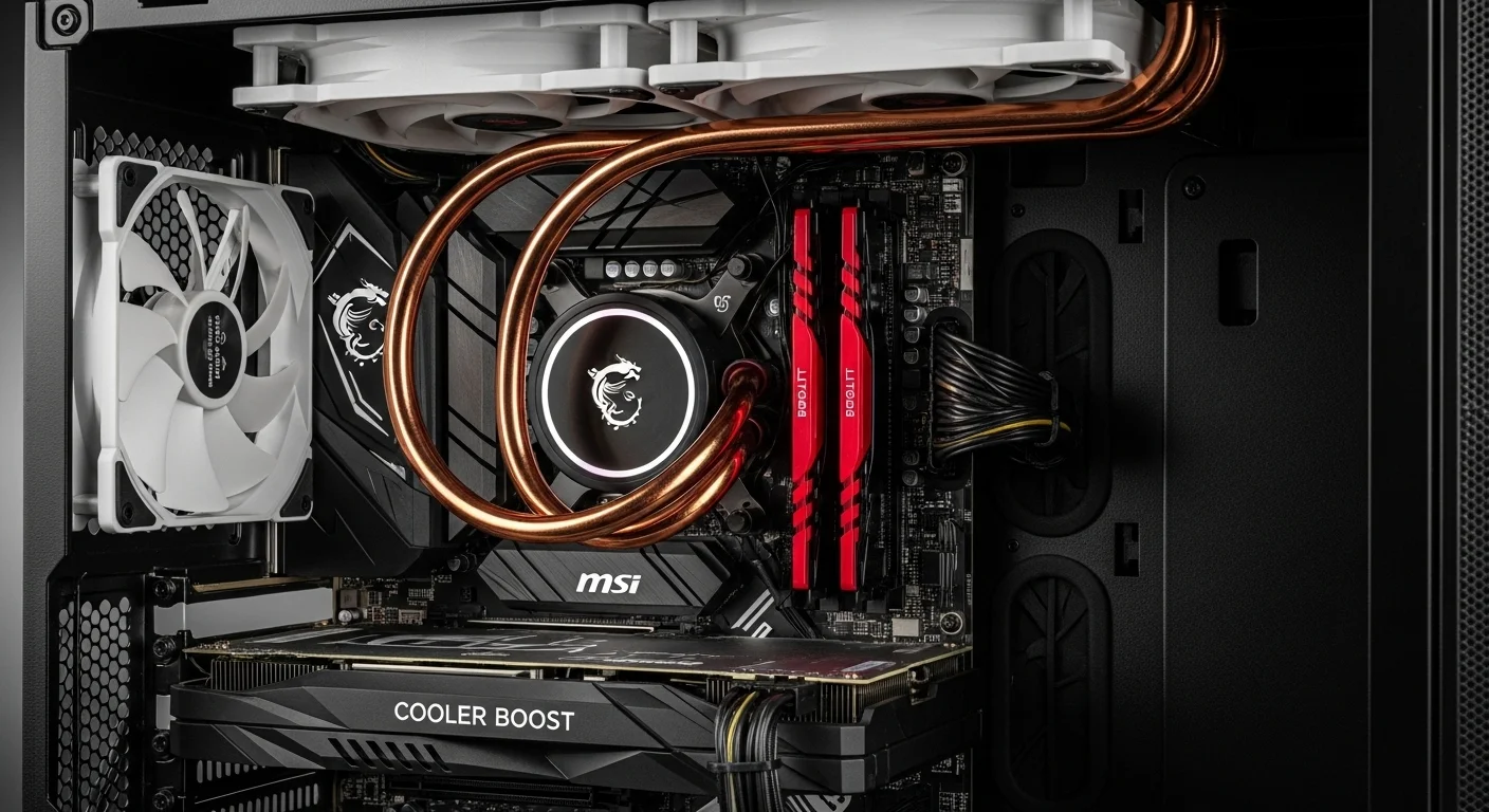 Vista detallada de los componentes internos de una computadora MSI Stealth, destacando el sistema de refrigeración Cooler Boost con sus ventiladores y heatpipes de cobre.