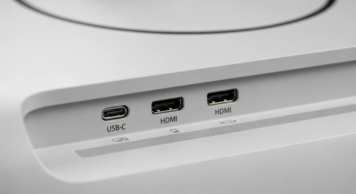 Panel de conectividad trasero del Samsung Smart Monitor M7, destacando los puertos USB-C y HDMI para computadoras y otros dispositivos.