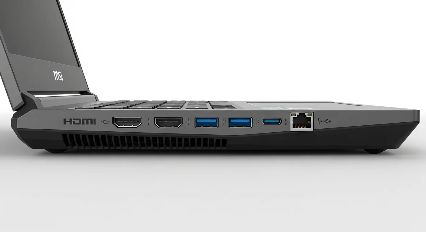 Vista detallada de los puertos traseros de una computadora MSI GE66 Raider, incluyendo HDMI, USB-C y Ethernet, mostrando su amplia conectividad para accesorios y periféricos de tecnología.