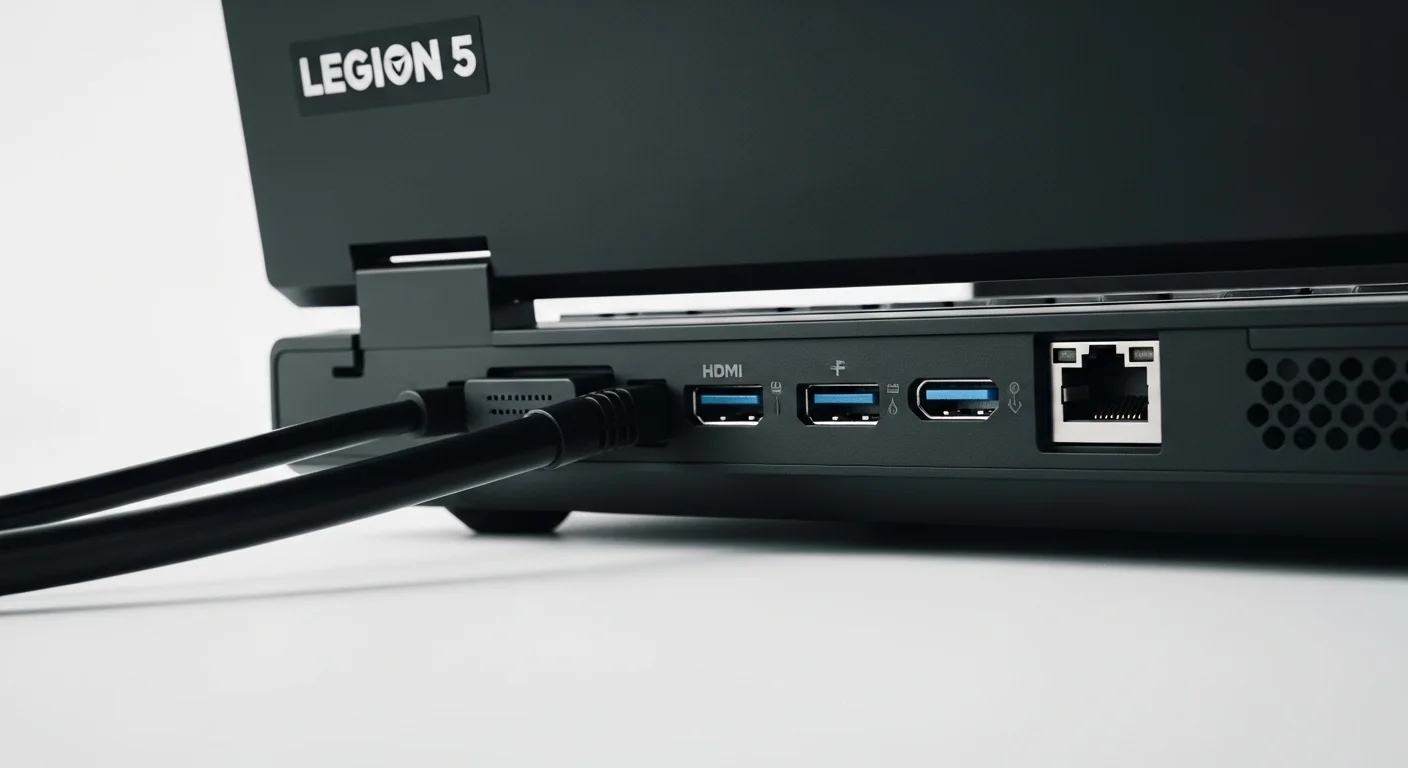Vista detallada de los puertos traseros de una computadora Legion 5 Lenov, mostrando las conexiones HDMI, USB y Ethernet, destacando su enfoque en la gestión de cables.