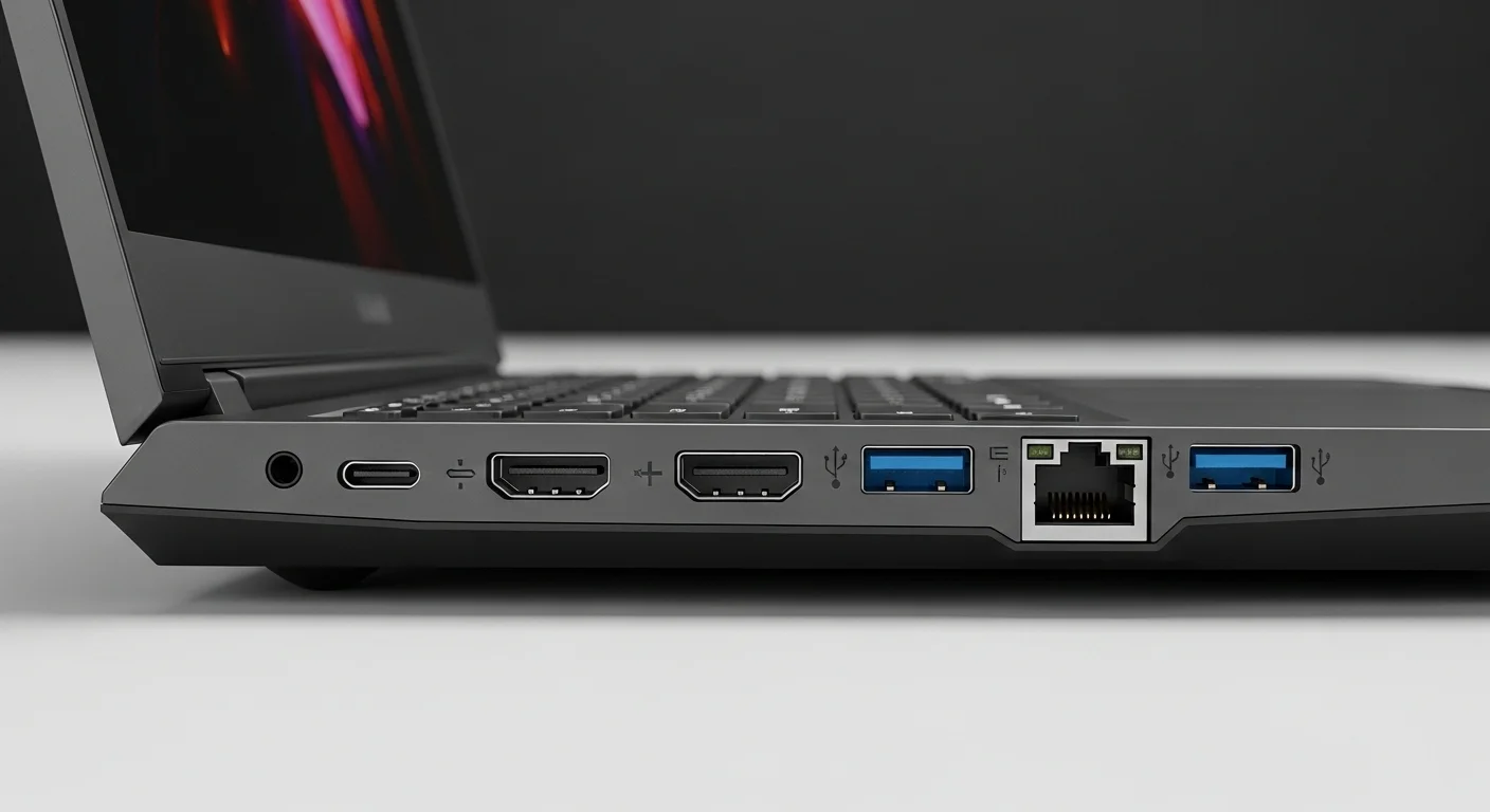 Vista detallada de los puertos traseros de una computadora Legion 5, destacando su excelente conectividad para accesorios y equipos de oficina.