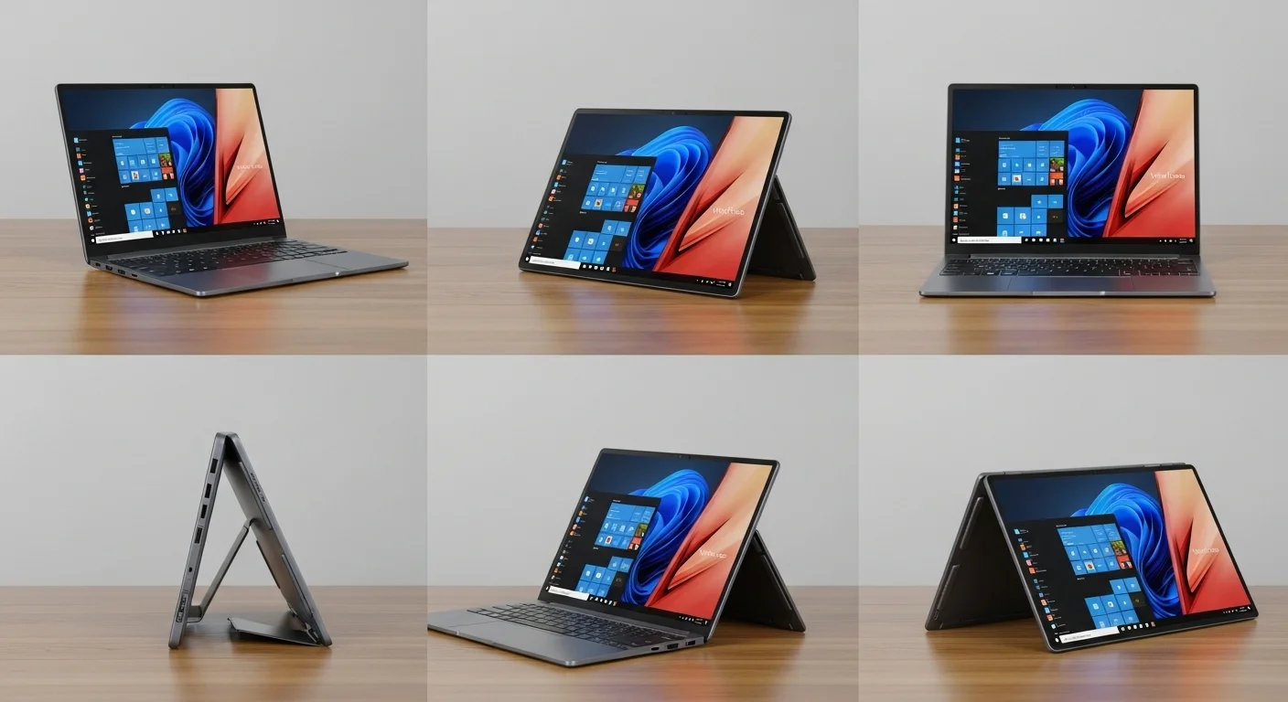 Collage de imágenes mostrando el ASUS Vivobook 14 Flip en sus cuatro modos: portátil, tableta, tienda y soporte, destacando la flexibilidad de las computadoras 2 en 1.