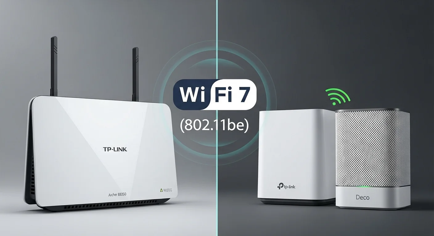 Comparativa lado a lado del router TP-Link Archer BE550 y una unidad del sistema mesh Deco BE65, con el logo de Wi-Fi 7 (802.11be) en el centro.