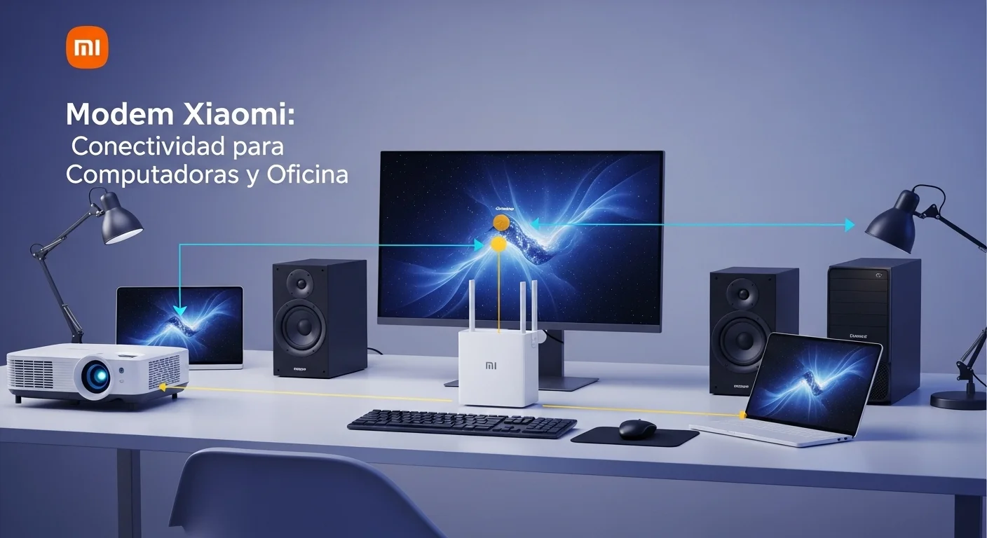 Varios dispositivos de oficina como un proyector, una pantalla y bocinas conectados a un xiaomi modem router, demostrando la capacidad del ecosistema tecnológico.