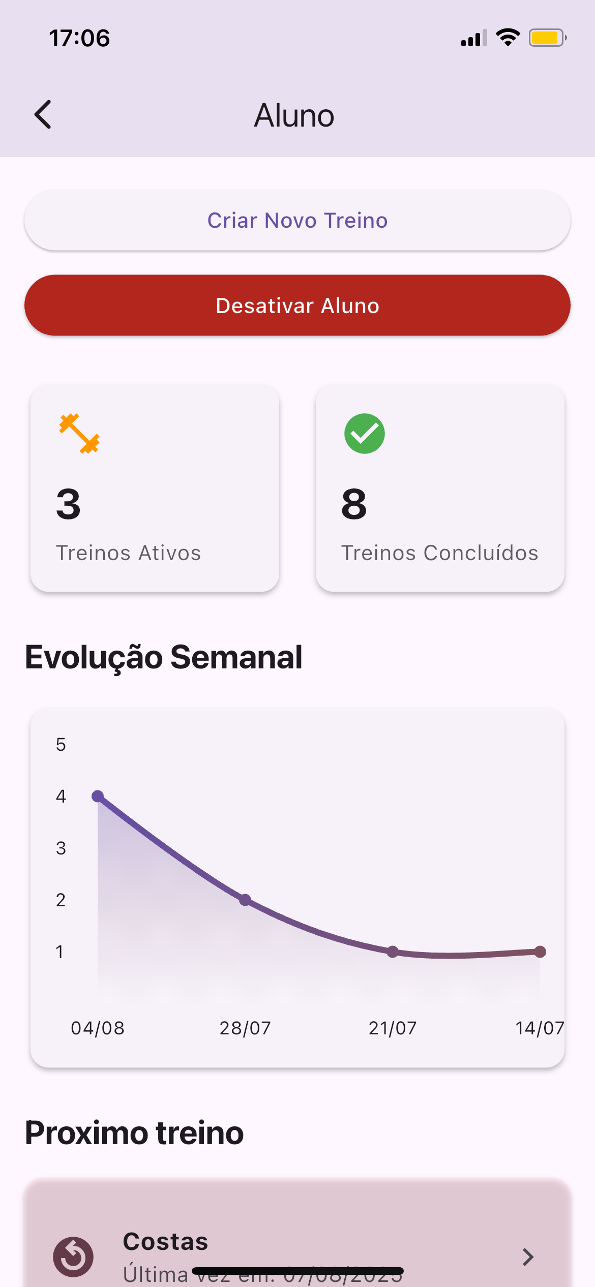 Tela de acompanhamento de progresso no app ConectaFit