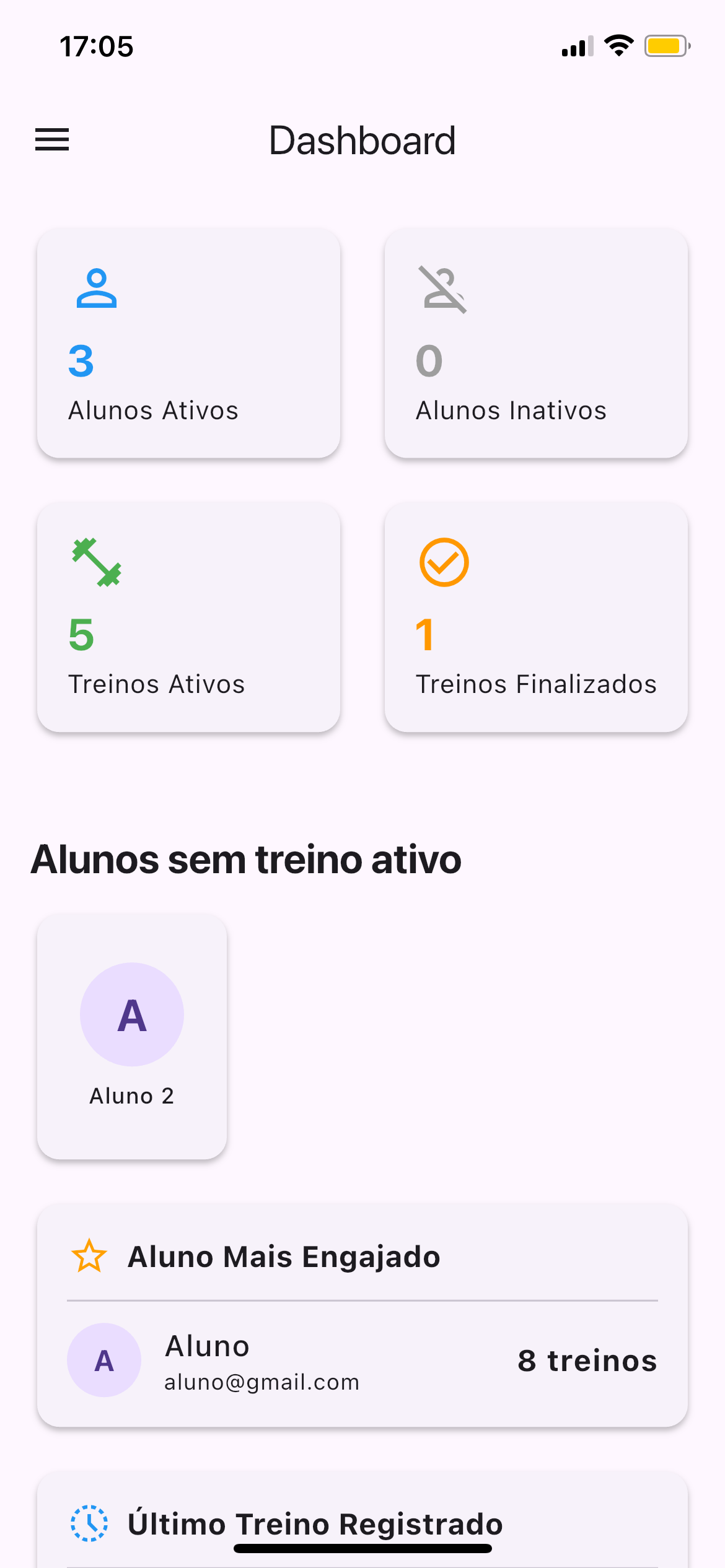 Tela de gestão de alunos no app ConectaFit