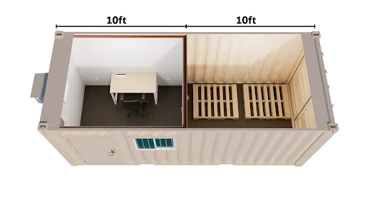 Top-view of our 20ft ground-level office and storage combo container
