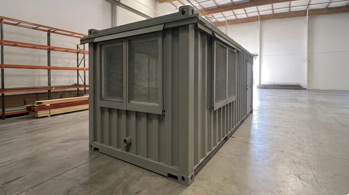 Side view of the completed construction site office with windows and protective exterior screens