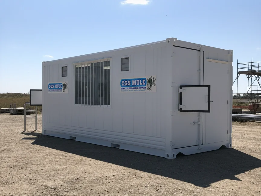 Exterior of the CGS MULE mobile concrete core sampling unit built from a white 20ft reefer container with access hatches, ventilation, branding, and a secured window