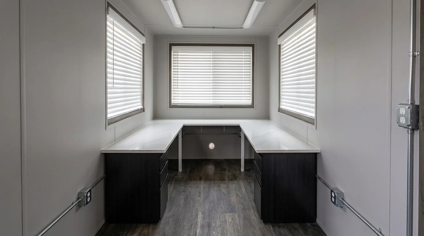 Finished container office interior with wraparound desk, windows, electrical outlets, LED lighting, and wood-look floorin