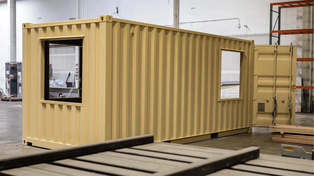 Modified shipping container office with windows in workshop