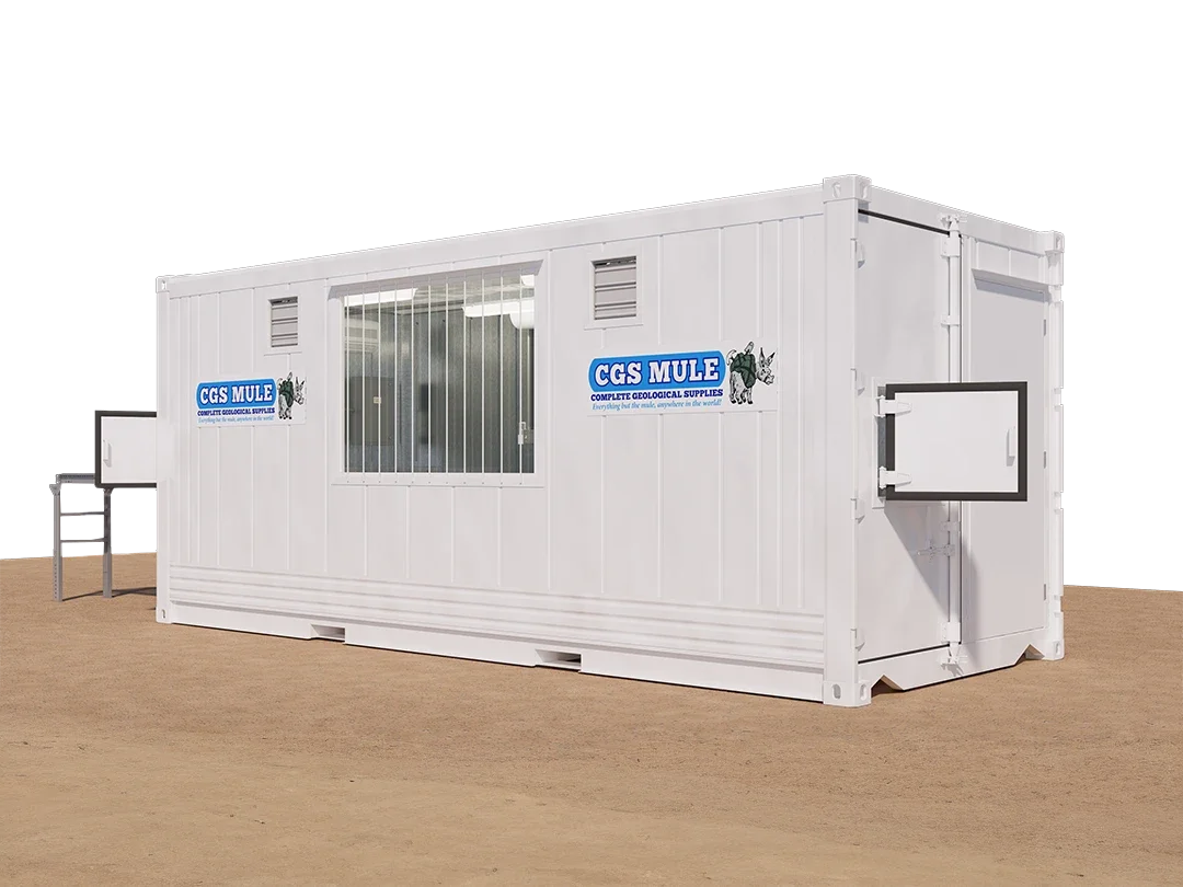 Rendered exterior view of the CGS MULE concrete core sampling container with custom access hatches, a large secured window, vents, and a branded white finish