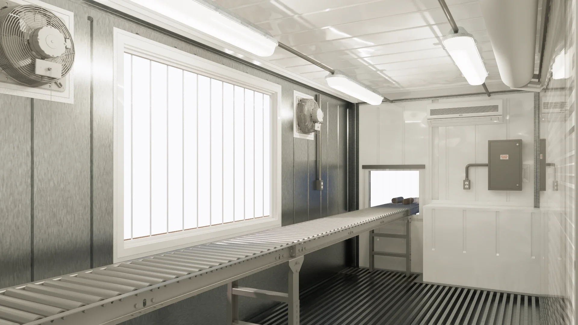 Interior rendering of the mobile concrete core sampling unit with a roller conveyor table, secured window, ventilation fans, lighting, electrical panel, and HVAC
