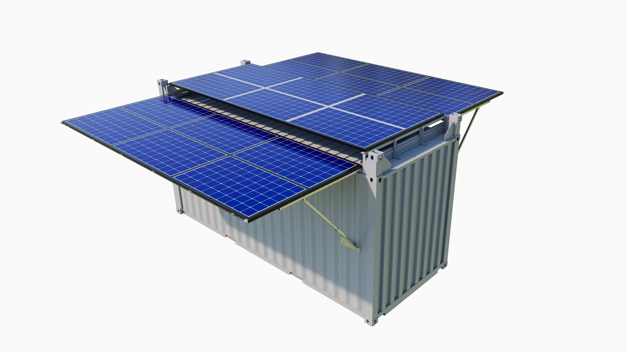 Rendering of a solar-powered shipping container with expandable roof-mounted solar panels