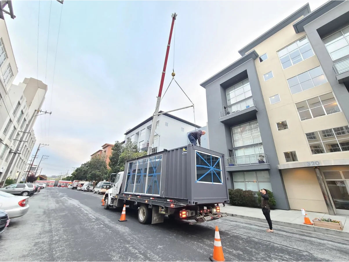 Conexwest delivering a shipping container.