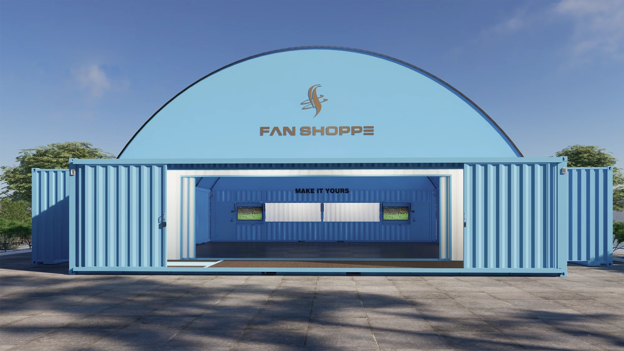 Custom container fan center shop render front view