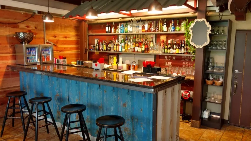 restaurant built out of shipping container parts