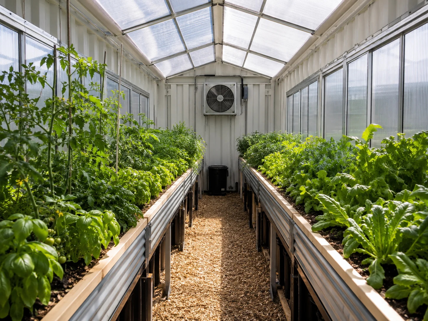 Shipping container greenhouse with plants and garden beds